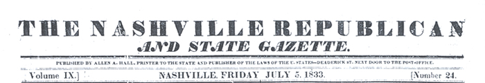 masthead from Repulican and Gazette from July 5, 1833
